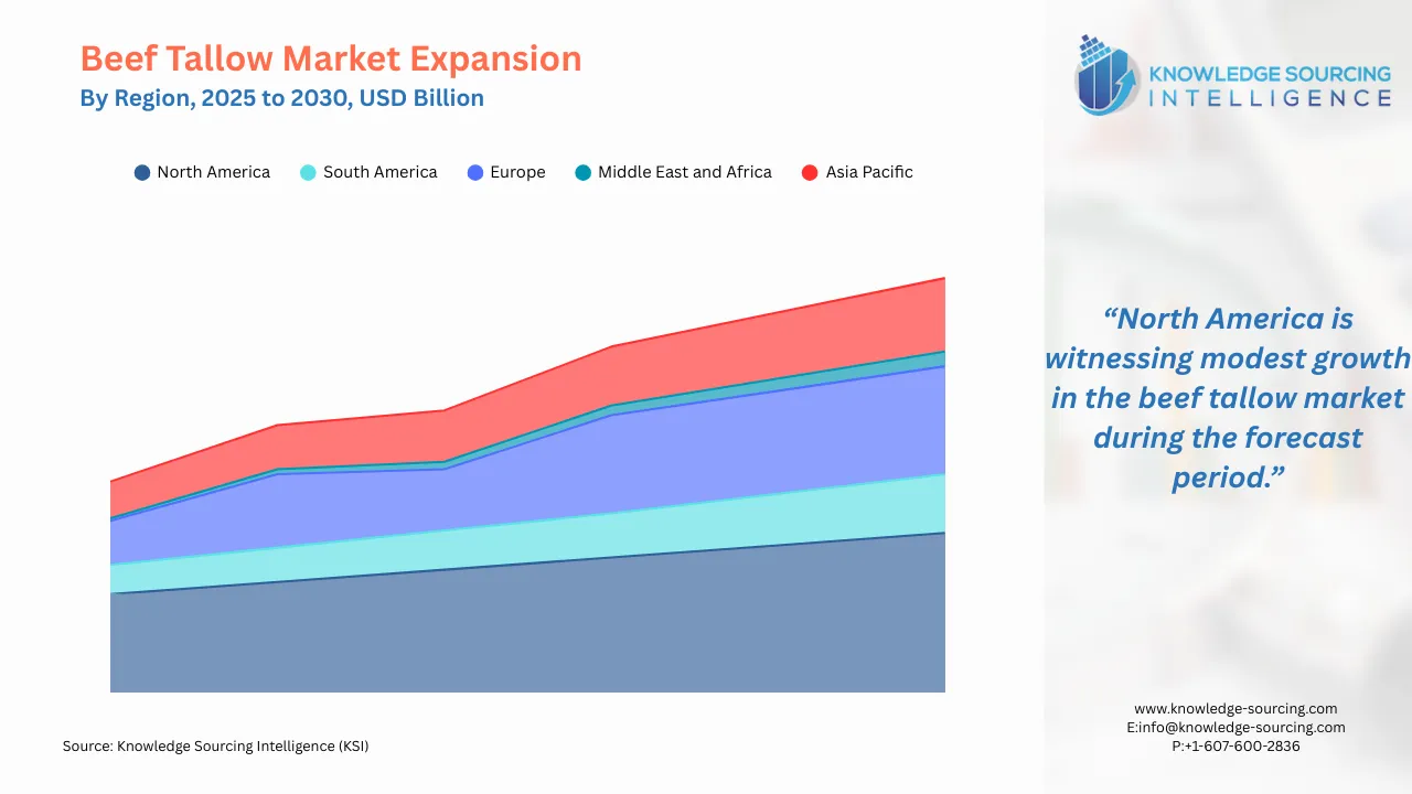 A line chart showing Beef Tallow Regional Market Growth from 2025 to 2030 in USD Billion