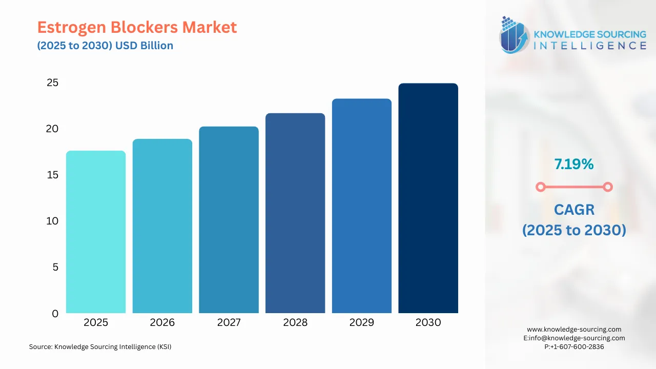 A bar chart showing Estrogen Blockers Market size in USD Billion from 2025 to 20230 with CAGR